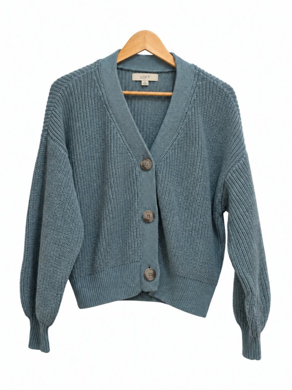 LOFT Blue Green 100% Cotton Chunky Knit V-Neck Cardigan Sweater Small S